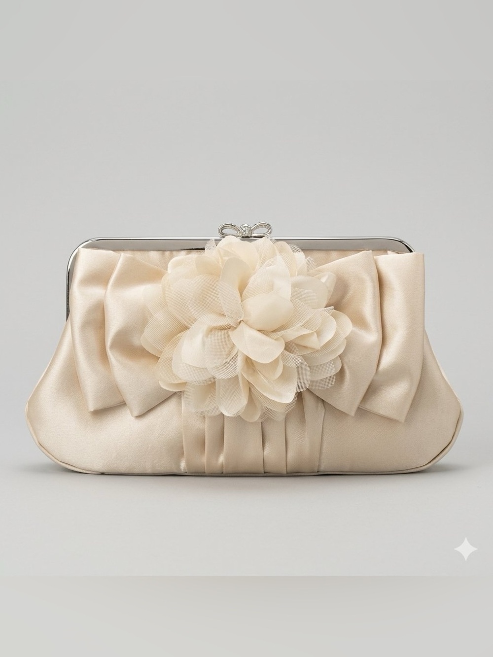 Ivory Satin Flower Clutch Rhinestone Bow Frame